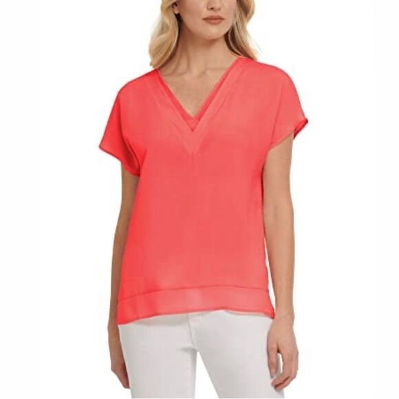 DKNY V-Neck Chiffon-Trim Top NWT - Picture 1 of 7